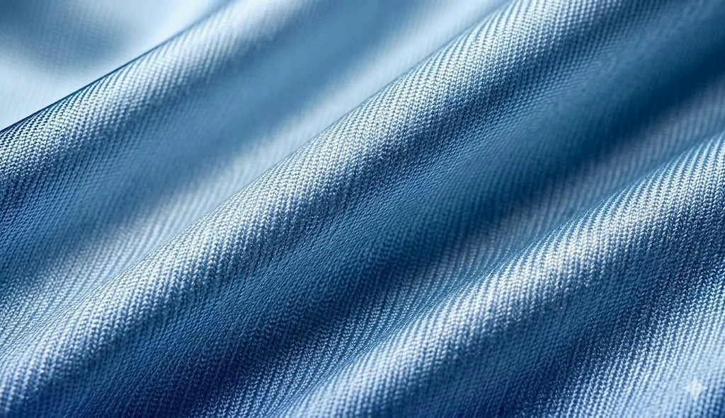 Close-up macro photography of deep blue cooling textile fibers with an elegant ripple effect. The lighting is sophisticated and directional, highlighting the technical weave and texture of the material. The mood is high-end, scientific, and serene, suggesting advanced thermal regulation technology through its pristine, cool-toned aesthetic.
