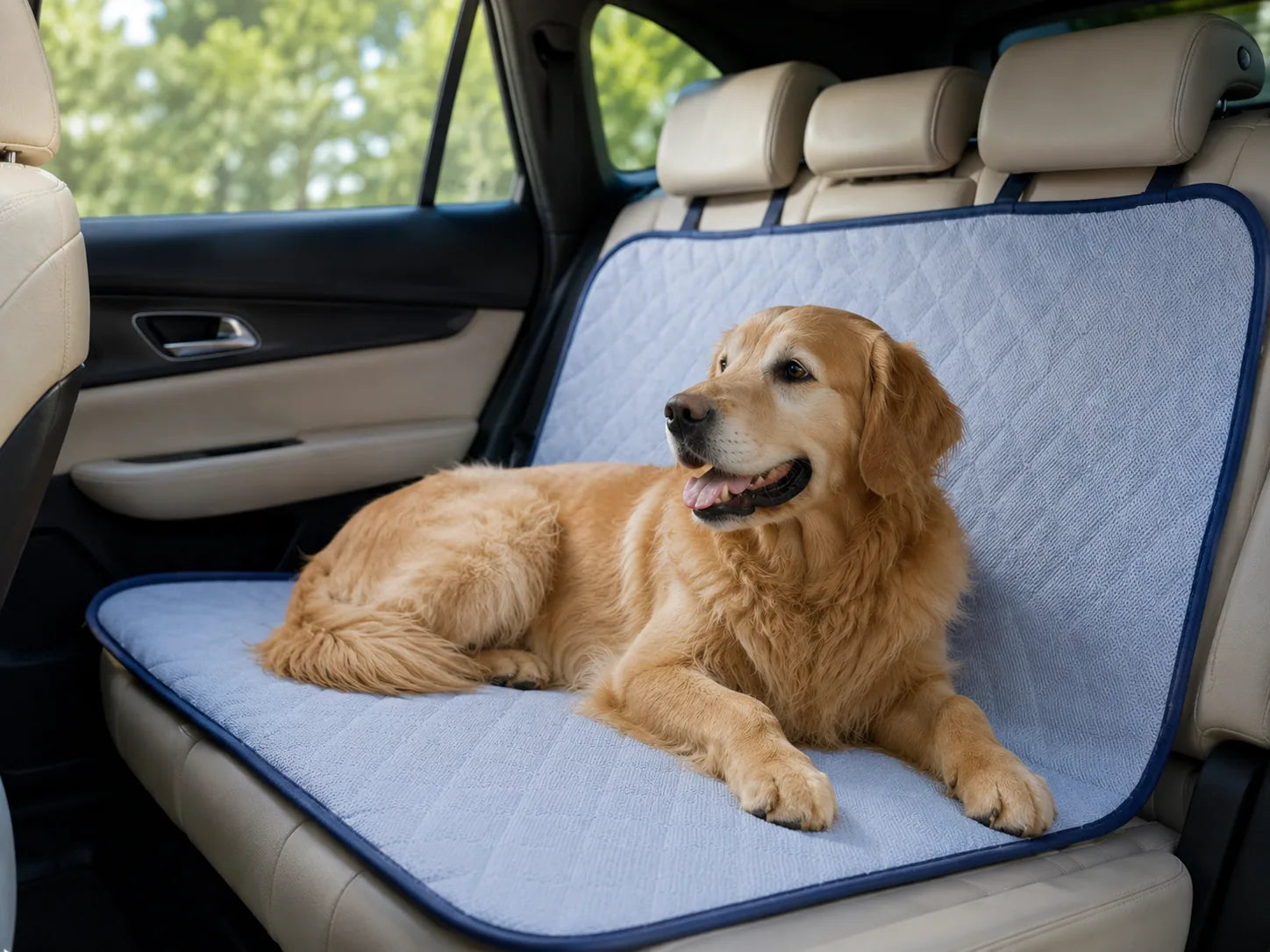 Dog resting on an Arc-Chill pet car seat liner
